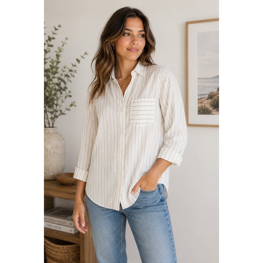 Linen Blend Striped Button Down Shirt Michael‎ Kors Cream Gray Size S